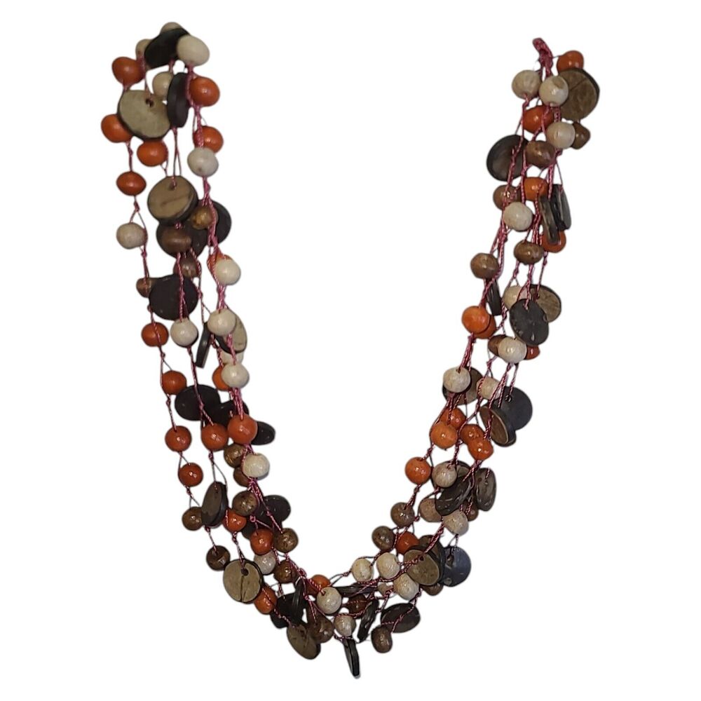 Boho‎ Beachy Wood Bead Pink String Net Necklace 16-19"